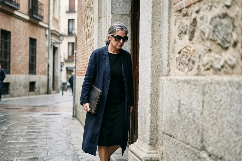 Fotografía documental de mujer caminando sola en calle española, plano trasero