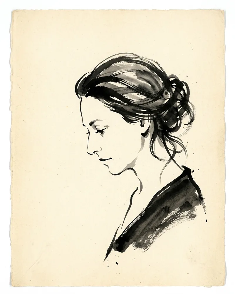 Ilustración sumi-e de figura femenina en línea continua, trazo a tinta