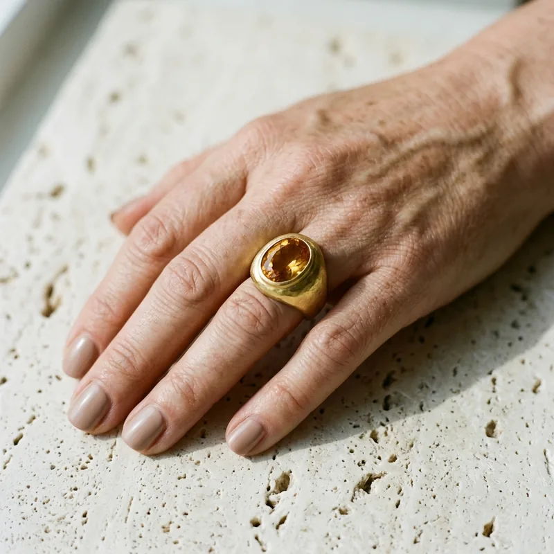 Detalle anillo en mano sobre fondo neutro, piedra cuarzo ahumado en talla oval