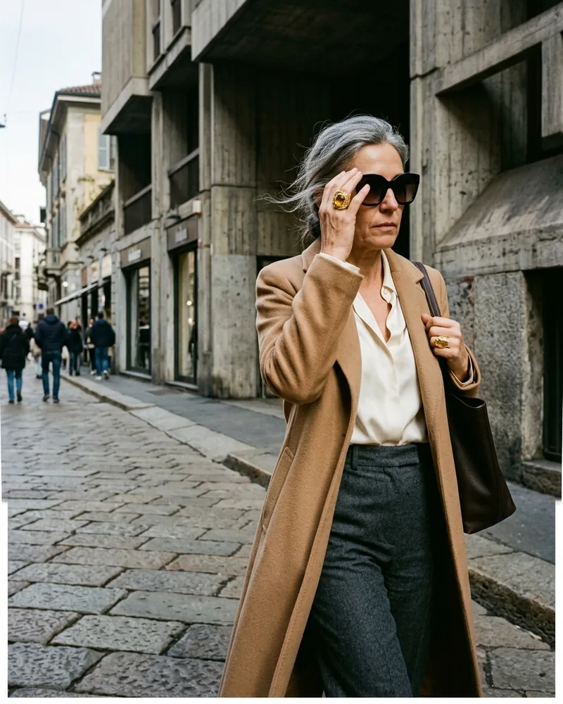 Mujer 55 años con pendiente de perla único, estilo street style elegante