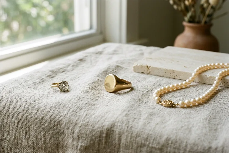 Trío de piezas de joyería sobre travertino: pendiente perla, gargantilla fina y anillo vermeil
