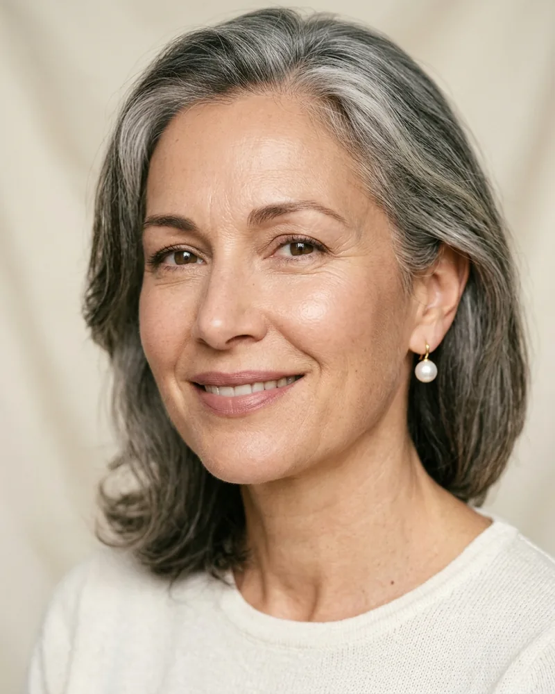 Retrato femenino 50 años con labios naturales en tono terracota suave