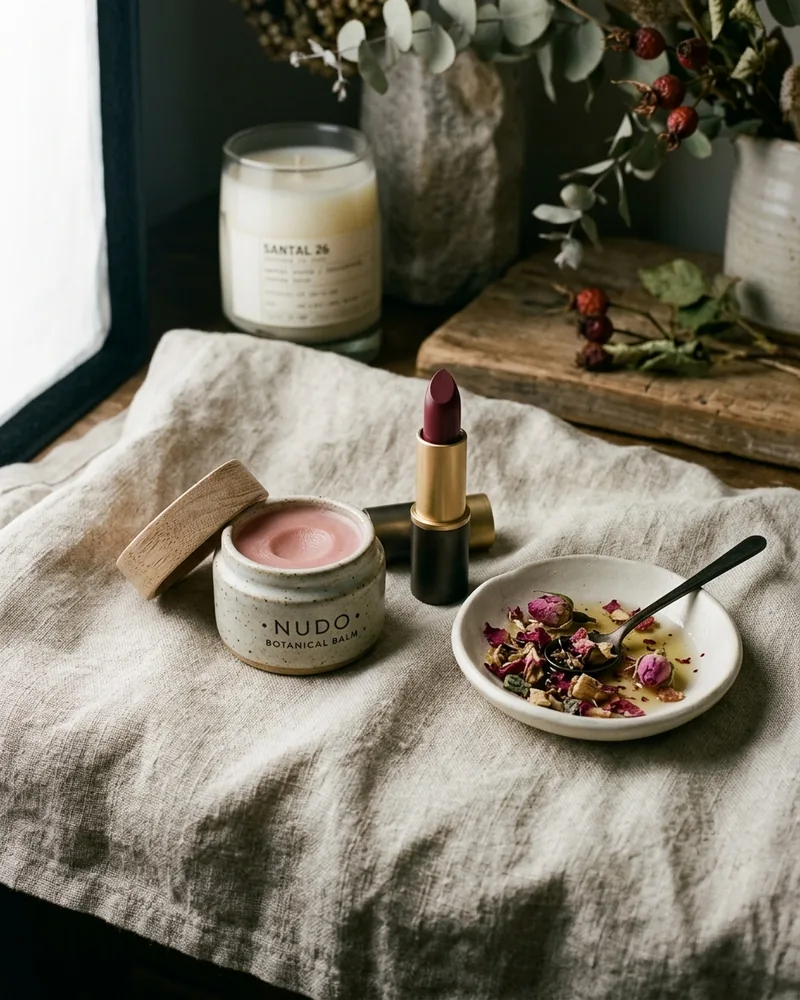 Trío de productos labiales: lápiz nude, labial satin terracota y bálsamo nocturno