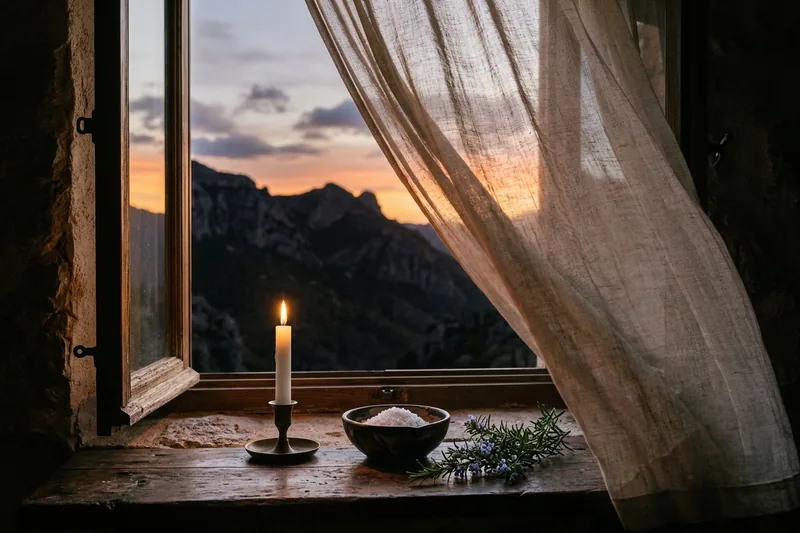 Ventana abierta con luz de tarde entrando sobre suelo de cerámica española