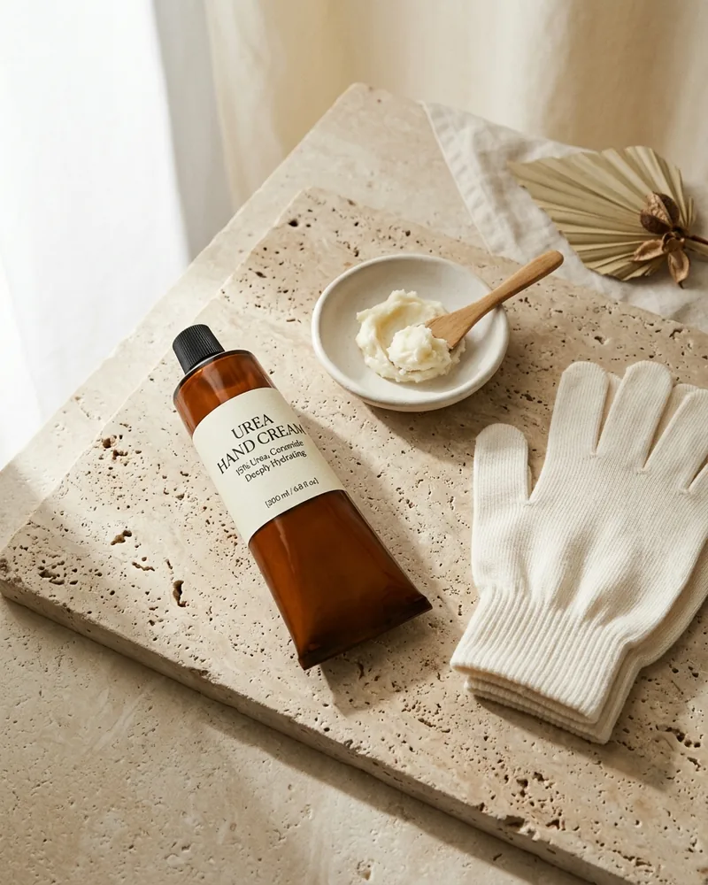 Trío de productos para manos: crema SPF, sérum niacinamida y guantes de algodón
