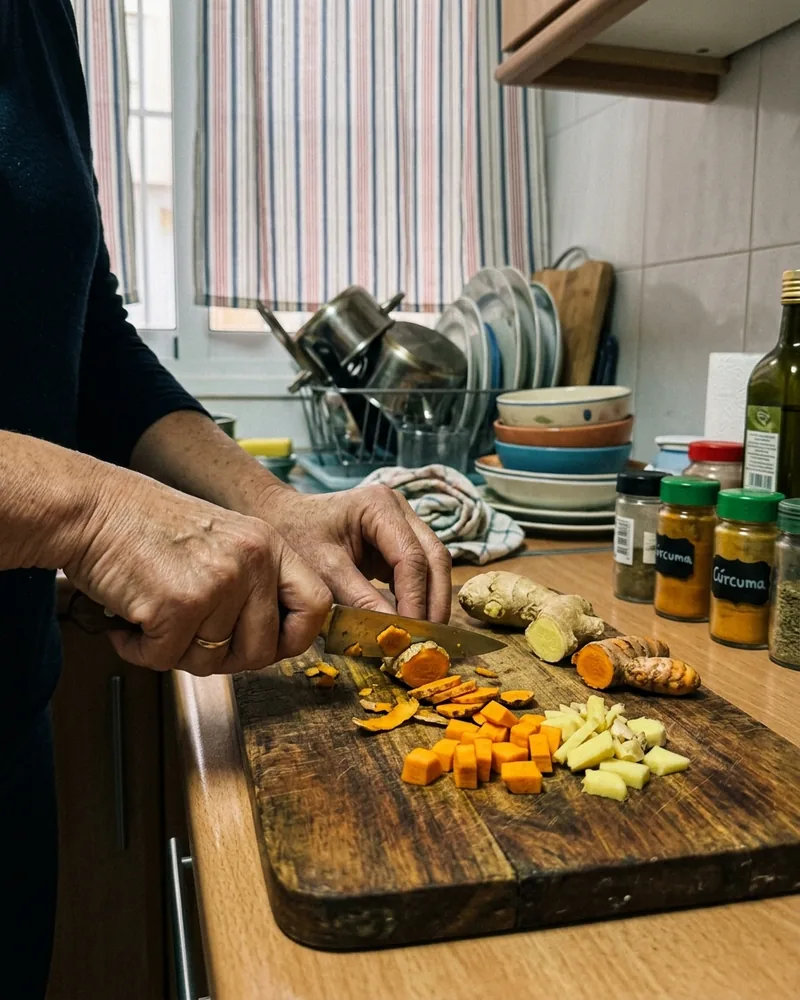 Jengibre fresco y raíces aromáticas sobre tabla de madera con rallador