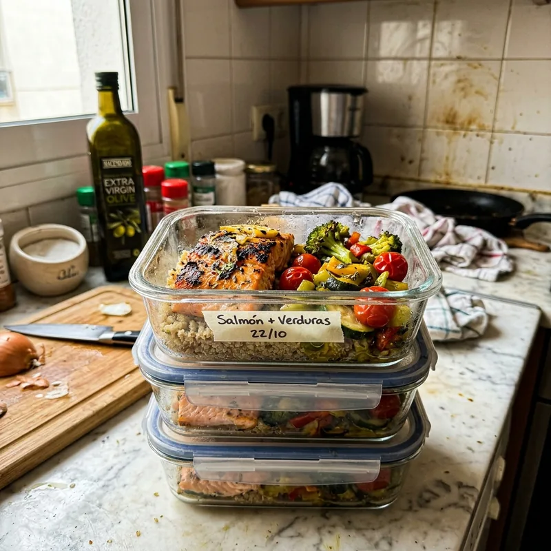 Set de tupperware de vidrio con preparaciones semanales en batch cooking