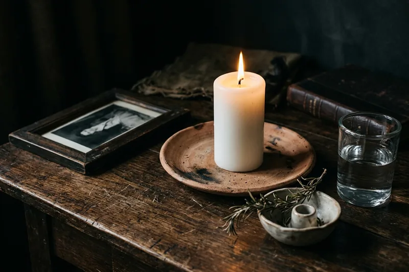 Altar doméstico con flores frescas, fotografía y vela encendida sobre superficie de mármol