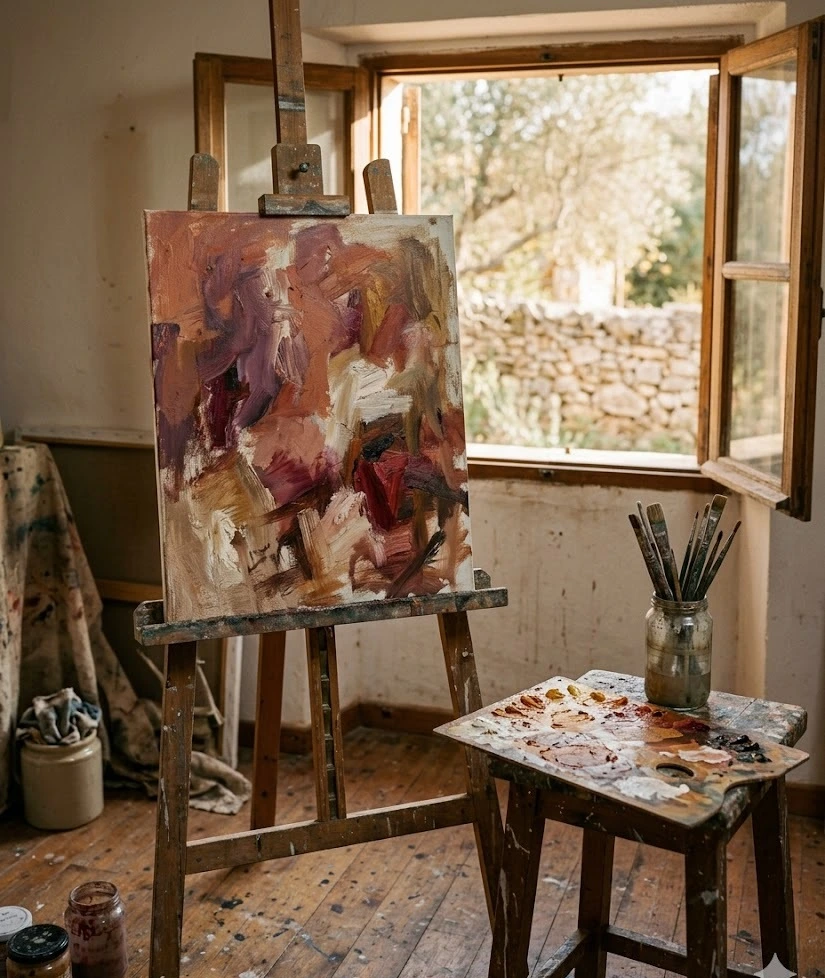 Obra pictórica abstracta con colores vivos sobre lienzo grande en estudio
