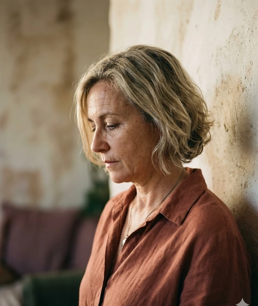 Retrato íntimo de mujer 55 años con expresión resuelta, luz lateral cálida