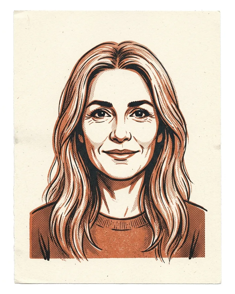 Ilustración risografía de figura femenina en movimiento, paleta terracota y ciruela