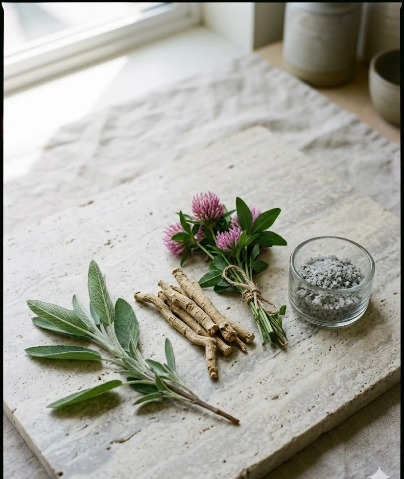 Still life botánico con hierbas medicinales y suplementos naturales sobre lino