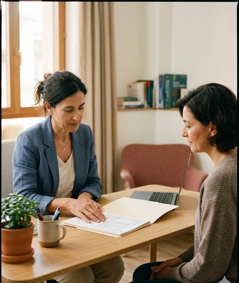 Consulta ginecológica con médica y paciente revisando resultados analíticos
