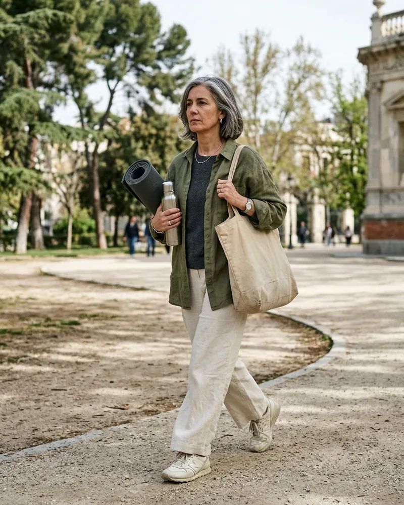 Mujer 50 años en exterior con expresión serena y ropa cómoda, estilo street style