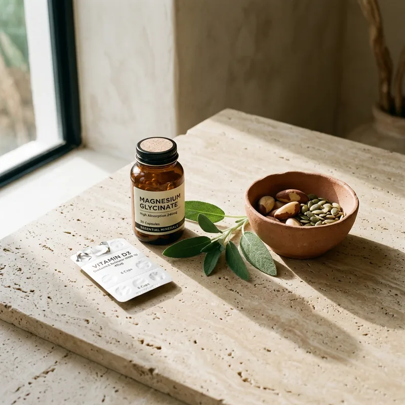 Suplementos y vitaminas sobre superficie de madera para la perimenopausia