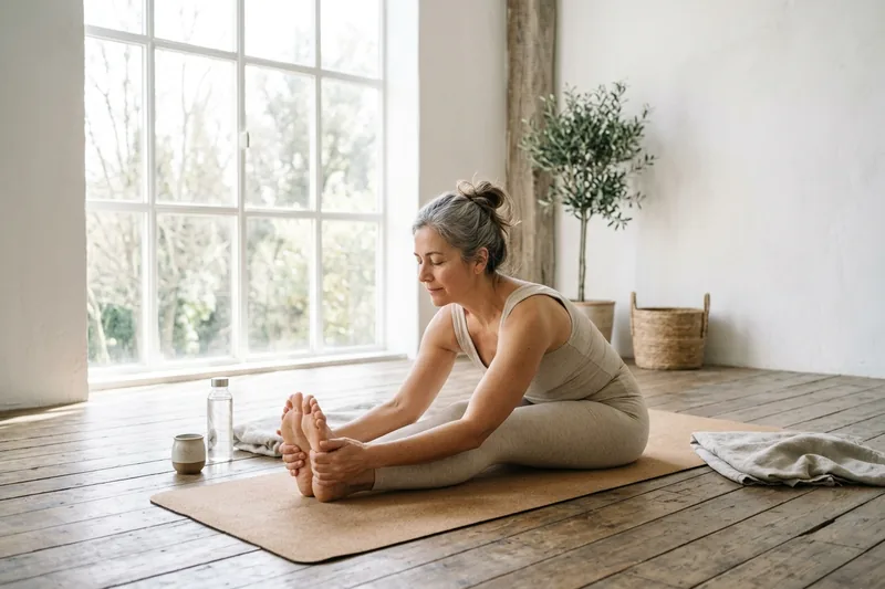 Mujer practicando yoga en interior con luz natural, postura de apertura de cadera