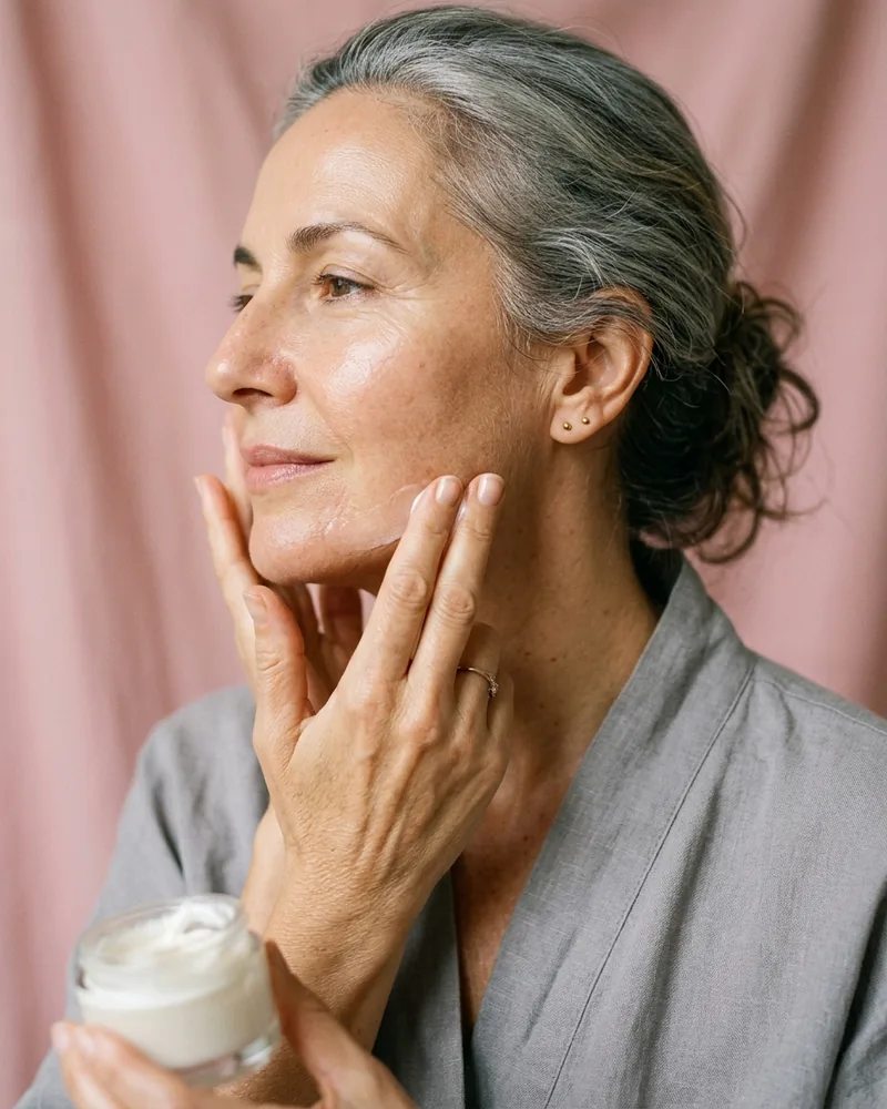 Aplicación de sérum facial con movimiento ascendente sobre mejilla