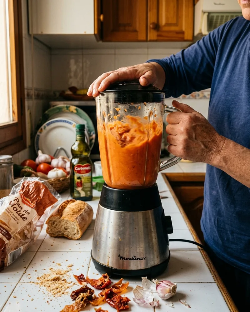 Batidora de vaso con tomates maduros y pan en proceso de triturado para salmorejo