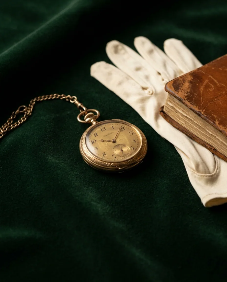 Reloj de bolsillo dorado con pátina sobre terciopelo verde oscuro, junto a un par de guantes de seda crema y una pequeña libreta de cuero envejecido.
