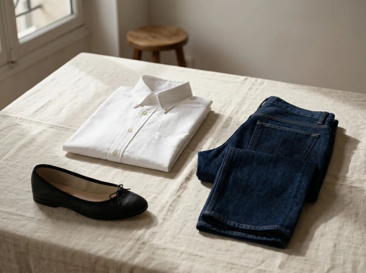 Composición editorial: una camisa Oxford blanca cuidadosamente doblada, un vaquero recto azul índigo y un mocasín negro de piel, sobre lino crudo.