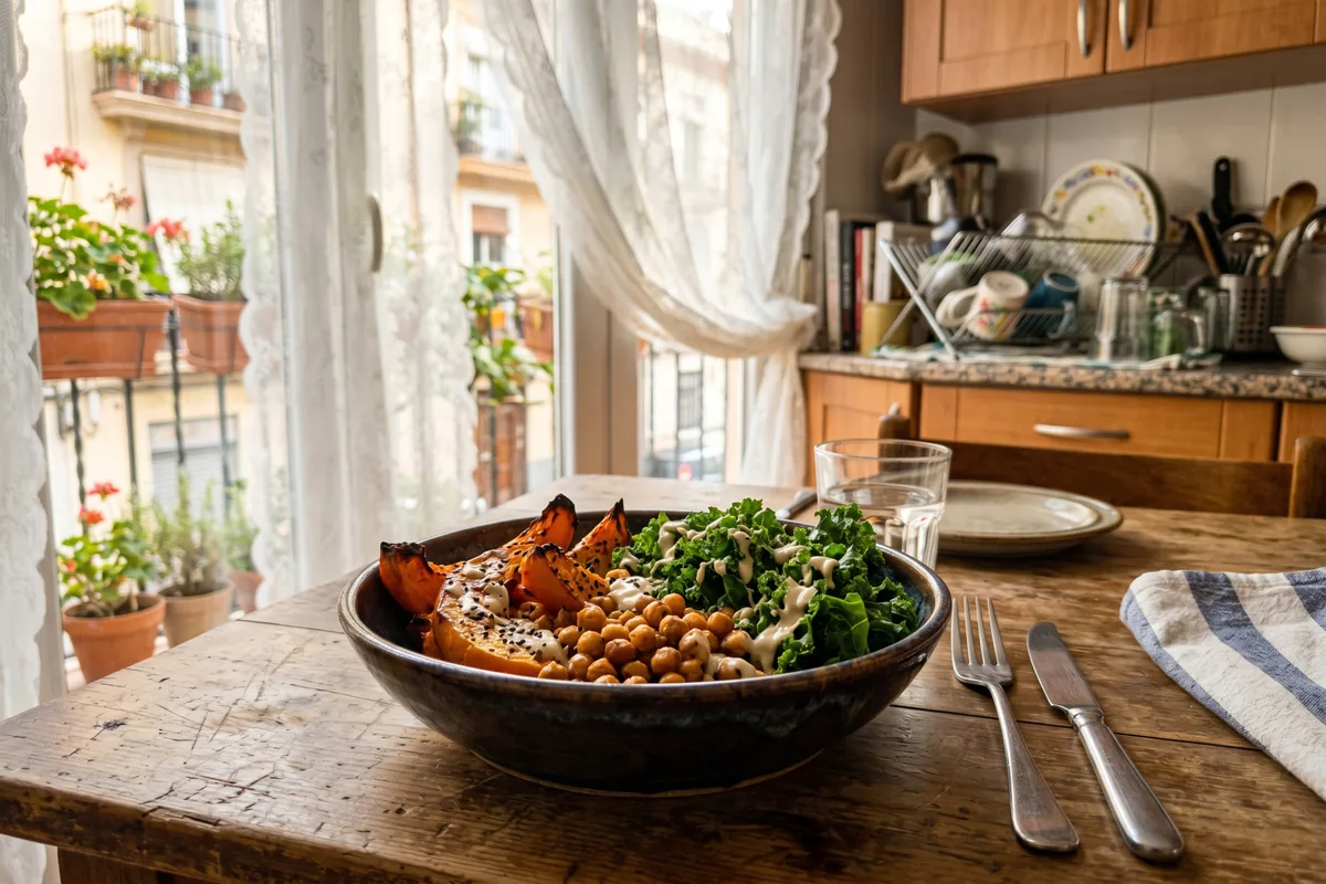 Bowl de otoño con calabaza asada y tahini