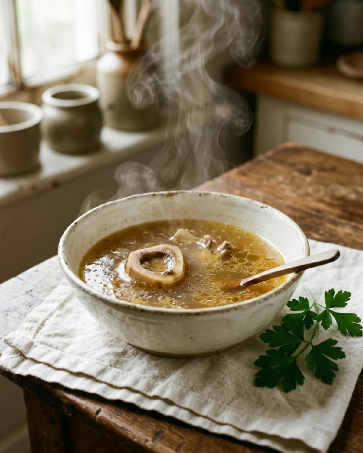 Caldo de huesos humeante en cuenco de cerámica blanca sobre paño de lino crudo, con perejil fresco y un trozo de hueso visible