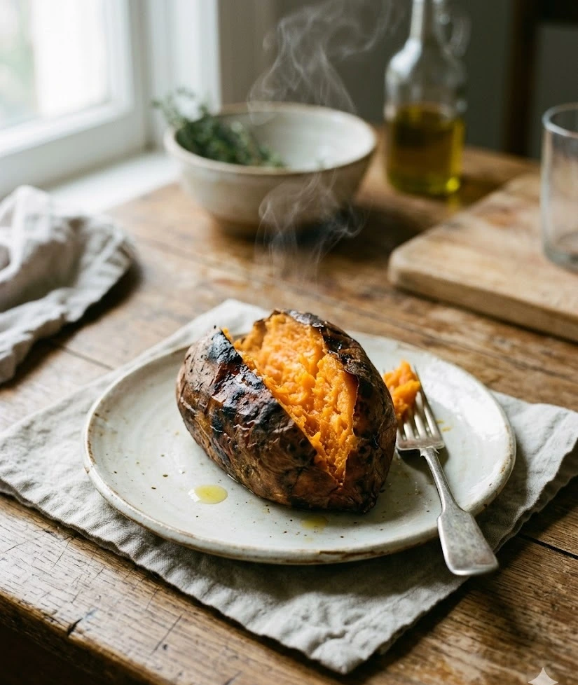 Boniato asado en cubos sobre bandeja de horno enlozada blanca, con cuatro hojas de laurel y un chorrito de aceite, recién salido del horno con bordes caramelizados.