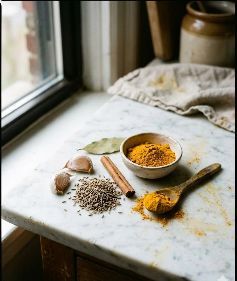 Encimera de mármol blanco con un cuenco pequeño de cúrcuma molida, otro de comino, una rama de canela, dos dientes de ajo y una hoja de laurel.