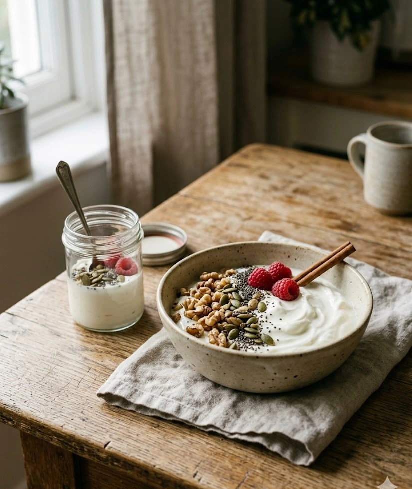 Yogur griego natural servido en cuenco de cerámica beige, coronado con nueces troceadas, semillas de chía oscuras, una rama de canela y unas pocas frambuesas frescas.