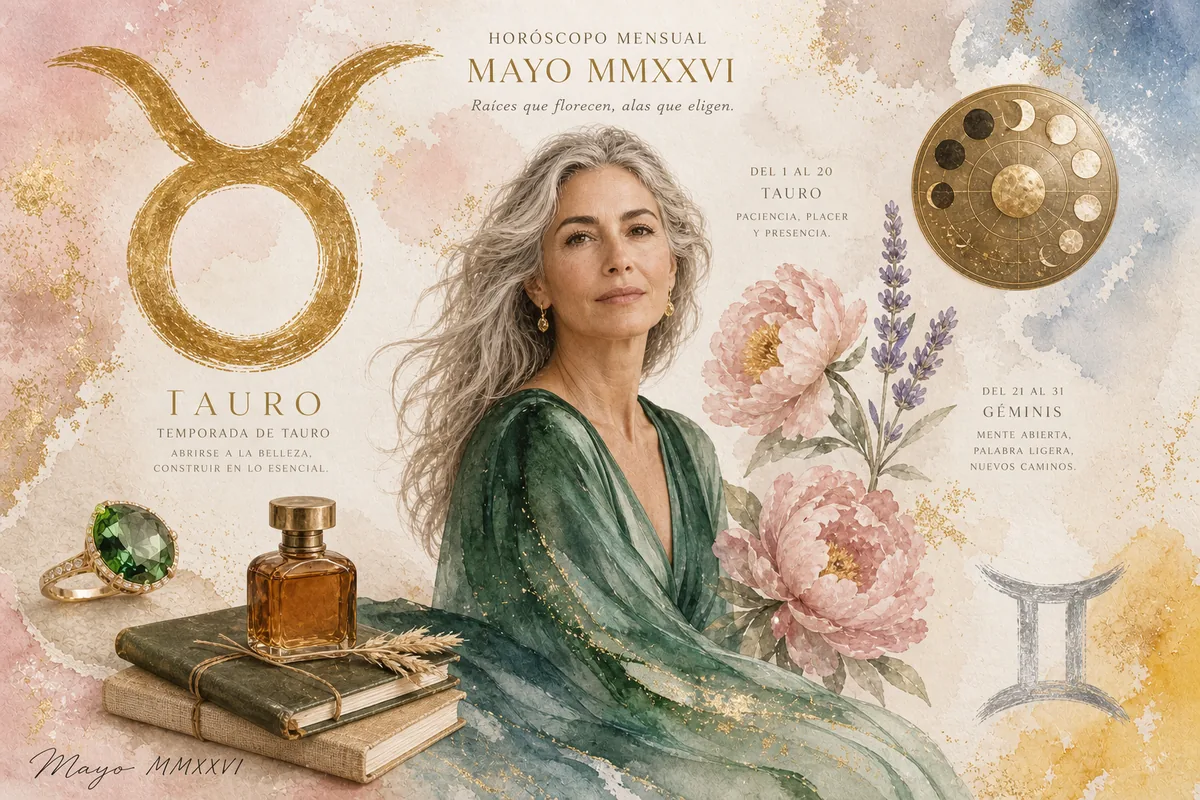 Collage editorial del mes de mayo de 2026: mujer adulta de pelo plata vestida en seda verde esmeralda, glifo dorado de Tauro y plateado de Géminis, anillo con esmeralda, peonías rosadas y lavanda, rueda de fases lunares en latón, frasco de perfume ámbar y libros encuadernados, paleta crema, oro y verde.
