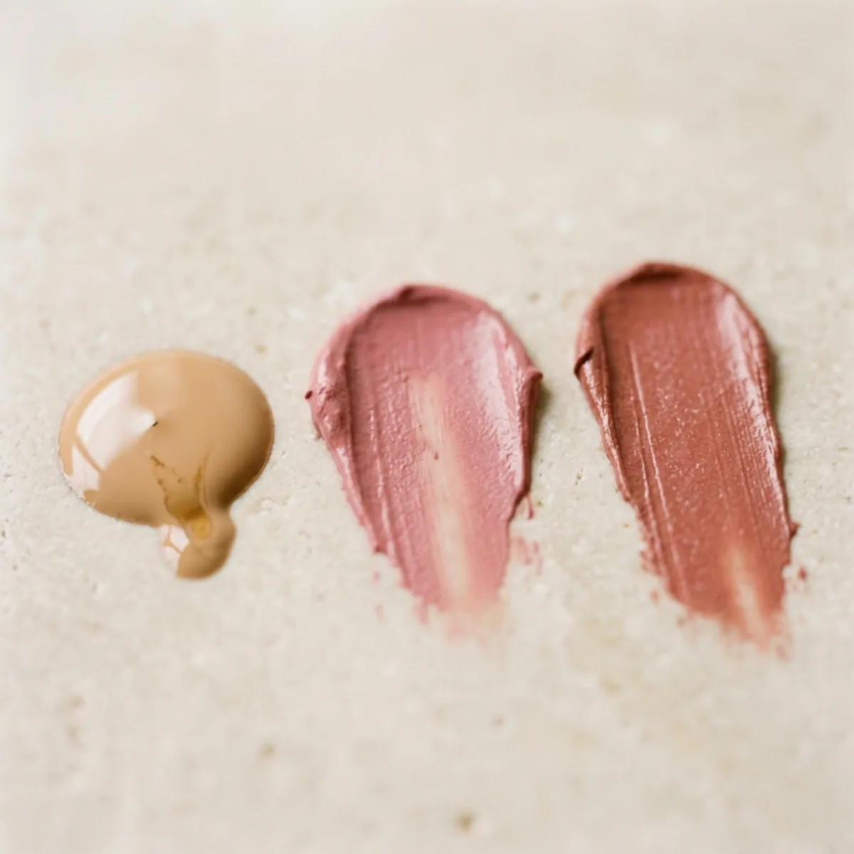 Detalle de tres texturas cosméticas sobre marmol crema, luz natural lateral, sin etiquetas visibles