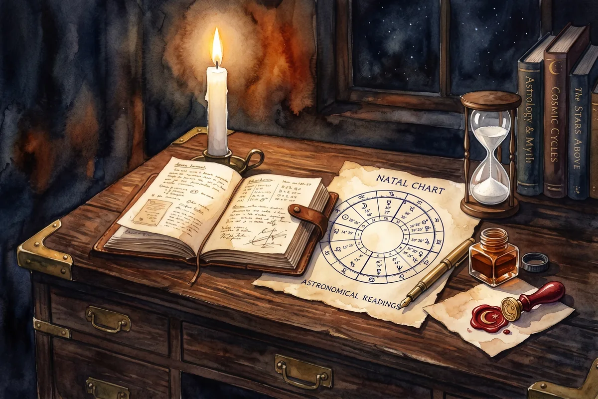 Mesa de trabajo con cuaderno abierto, pluma de tinta, ampolleta de arena, sello de lacre y carta astrológica trazada a mano. Luz de vela, fondo oscuro.