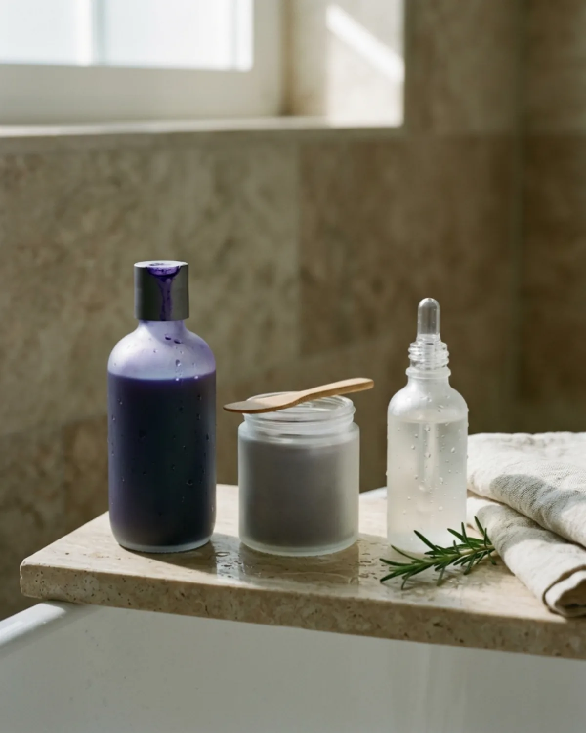 Bodegon en repisa de bano: un frasco de champu morado, una mascarilla nutritiva con keratina, un peine de madera y una toalla de lino crudo, luz natural de manana.
