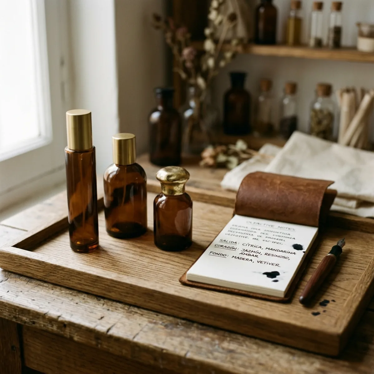 Tres frascos de perfume de tonos ámbar y dorado dispuestos sobre una bandeja de roble junto a una libreta de notas olfativas con anotaciones manuscritas.