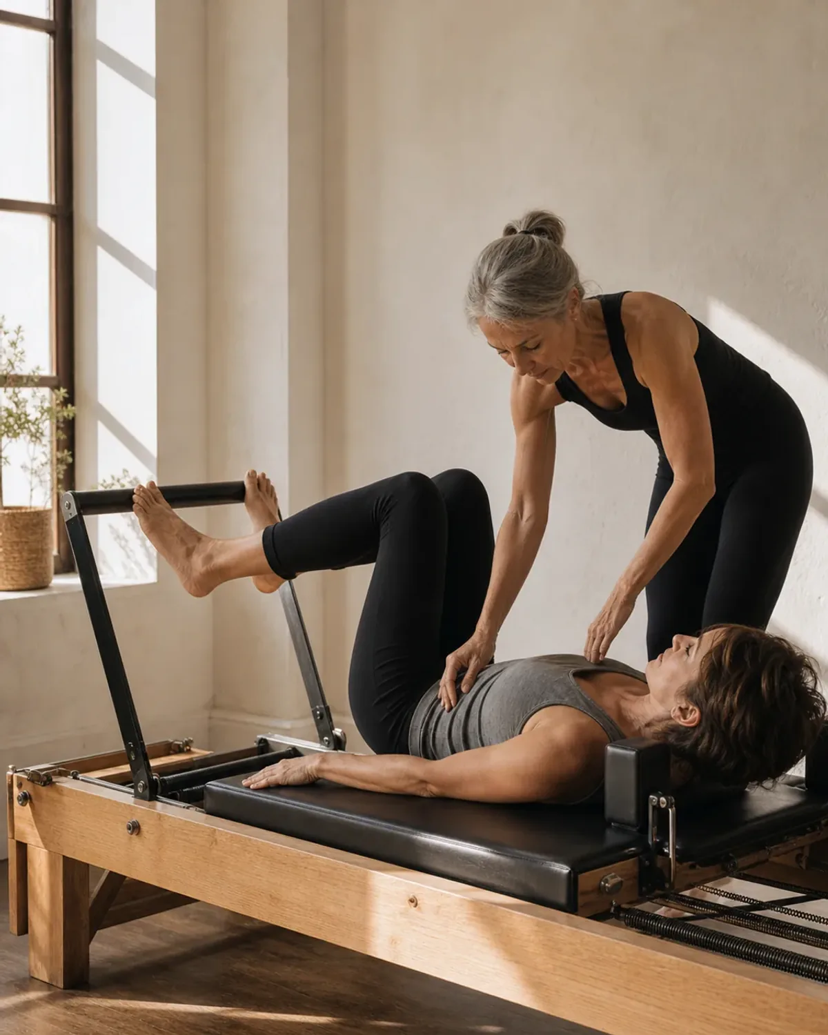 Mujer adulta tumbada sobre reformer de pilates con muelles tensados, profesora corrigiendo manualmente la postura del hombro, luz natural en estudio de paredes blancas