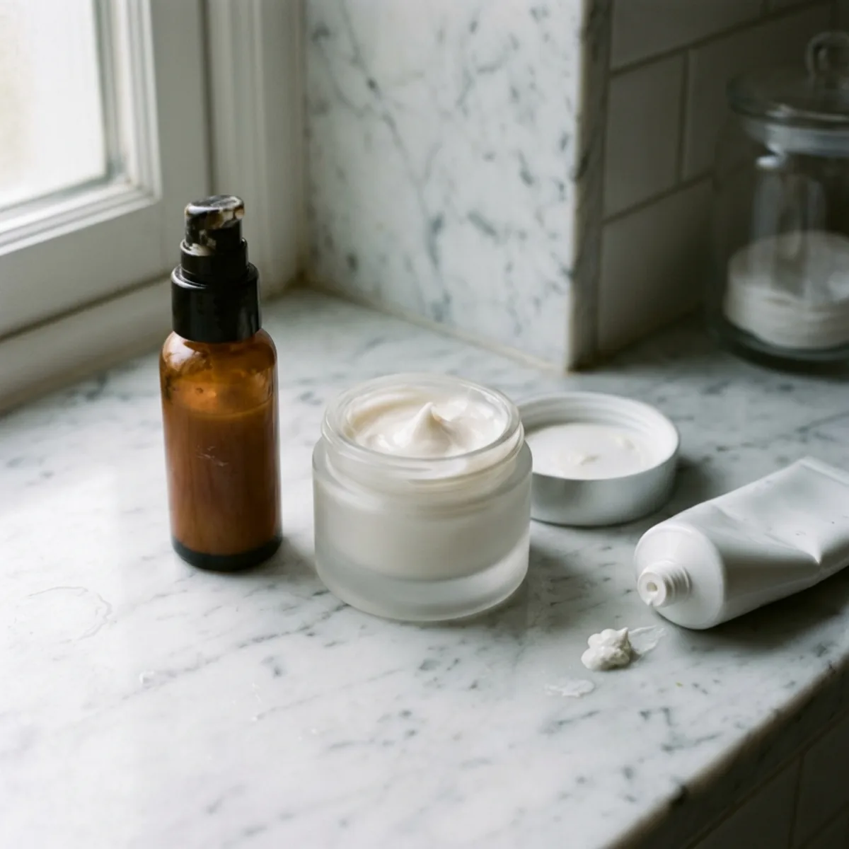 Mesa de baño con un frasco airless ambar de retinol, un tarro denso de crema con ceramidas y un protector solar mineral abierto, luz lateral suave.