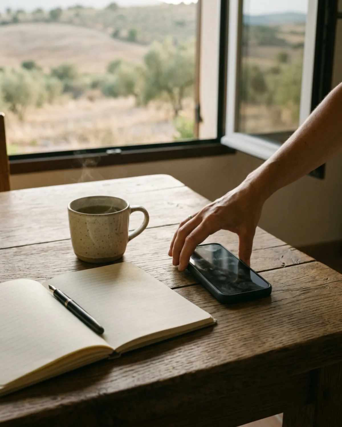 Mano colocando un teléfono móvil boca abajo sobre una mesa de madera junto a una libreta abierta y una taza de té humeante, ventana abierta con luz de tarde al fondo.