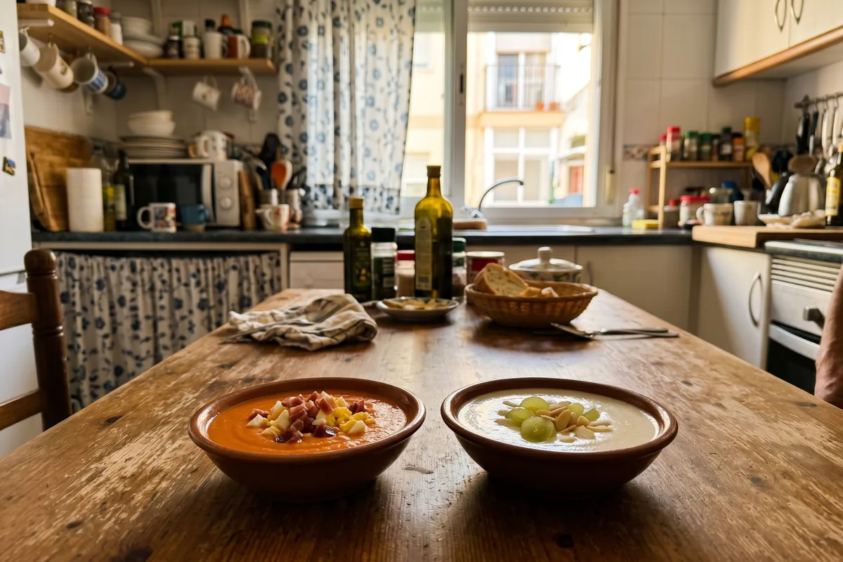 Dos cuencos en mesa española real: salmorejo cordobés y ajoblanco malagueño, cortina IKEA al fondo