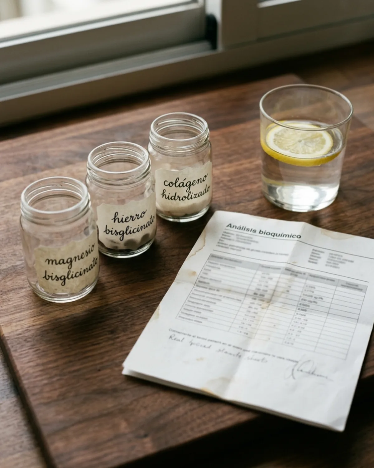 Tres botes de cristal etiquetados con magnesio, hierro y colágeno sobre tabla de madera oscura, junto a una analítica de sangre impresa y un vaso de agua con limón