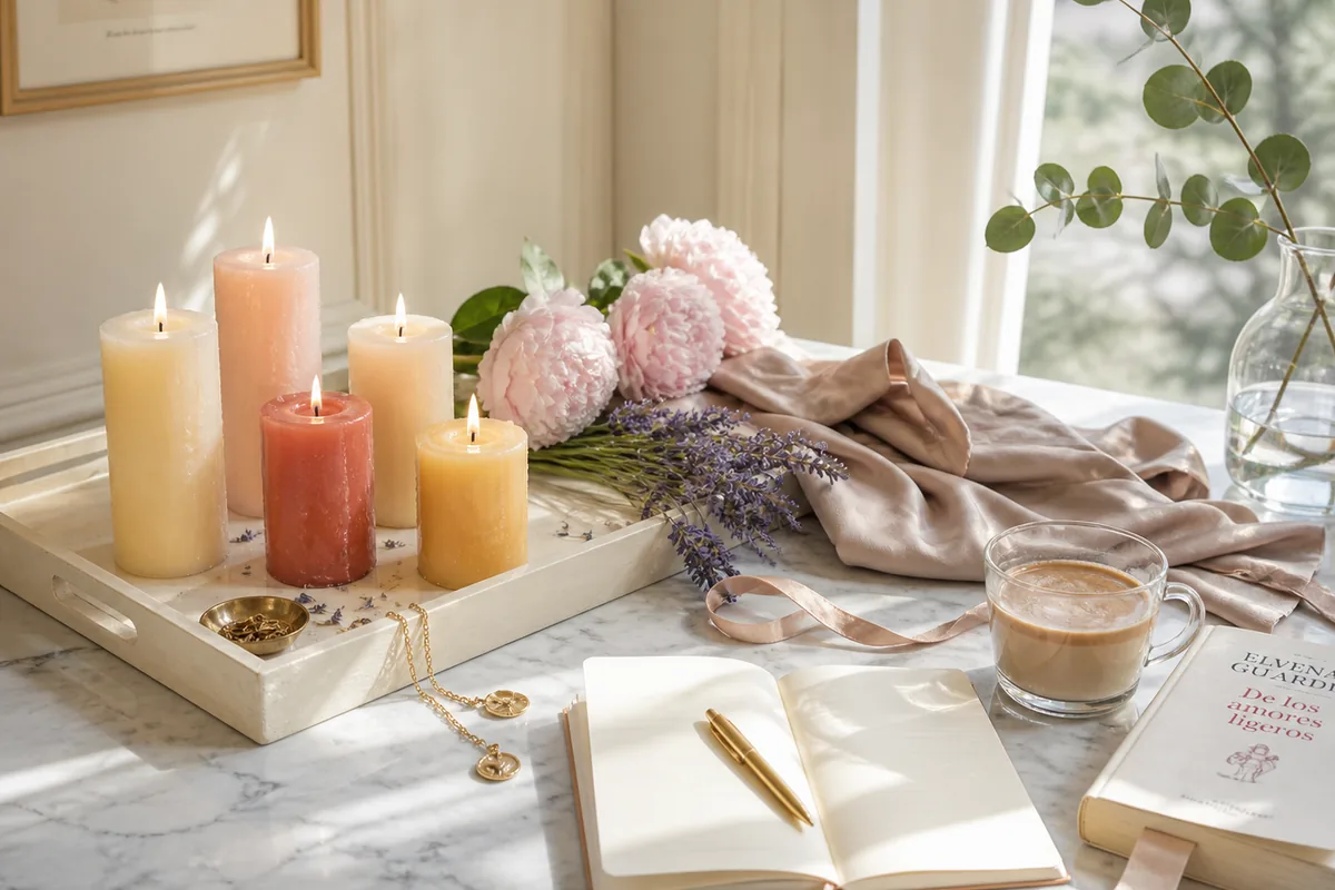 Cinco velas de cera de tonos pastel encendidas en una bandeja de madera crema sobre un tocador de mármol, junto a un ramo de peonías rosadas, una rama de lavanda, una libreta abierta con un bolígrafo dorado, una taza de café con leche y una pulsera fina, en una habitación luminosa con luz natural de mañana.