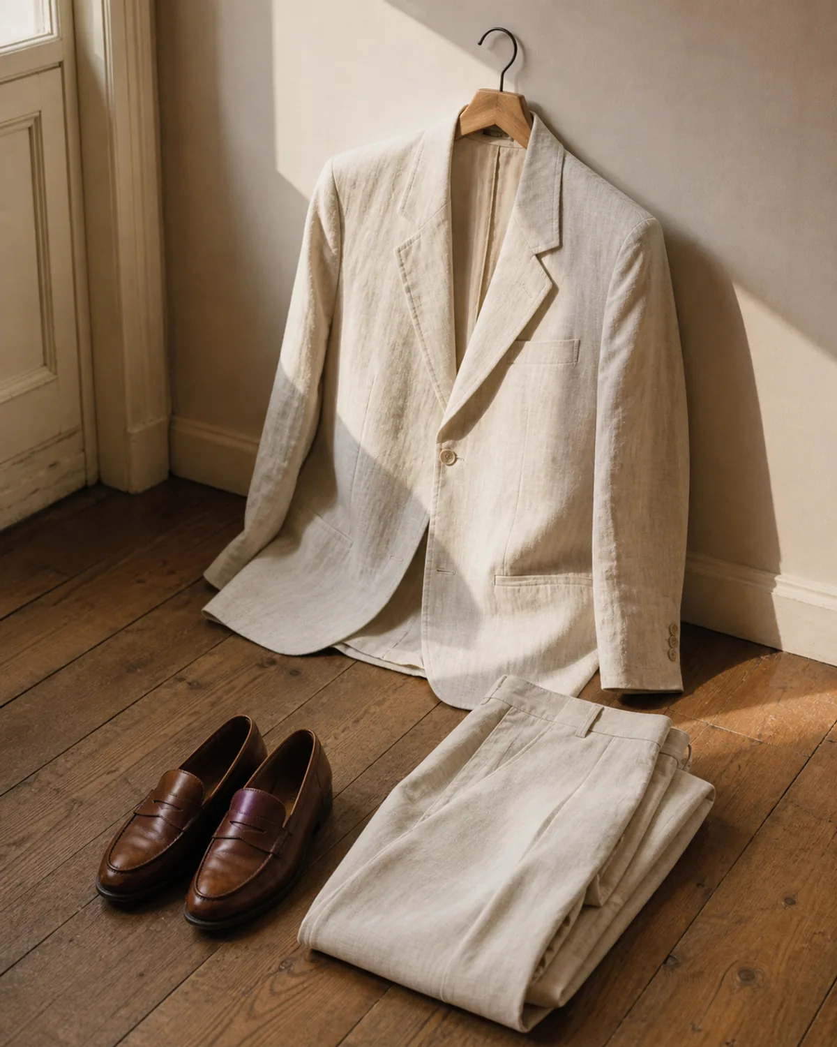 Composición editorial: chaqueta de lino marfil sobre una percha de madera, pantalón sastre crudo doblado y un par de mocasines marrones de piel sobre tarima de roble.
