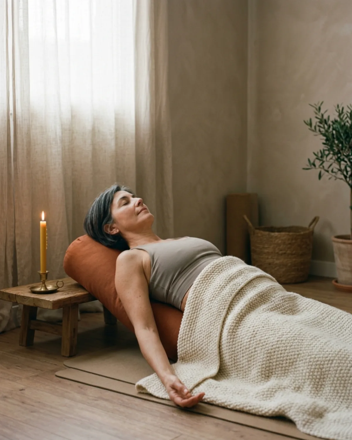 Mujer de cincuenta años en postura de yoga restaurativo sobre bolster acolchado, manta de lana cubriéndola, sala con luz tenue y velas